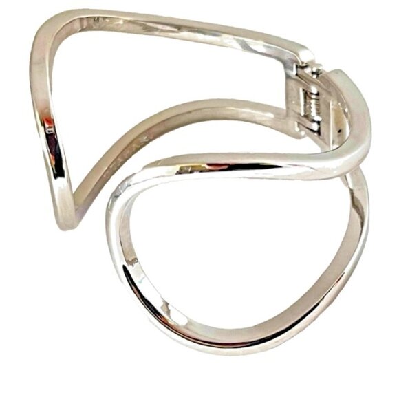 Tahari Silver Tone Swirl Clamper Bracelet – Minimalist Hinged Bangle - Picture 1 of 8
